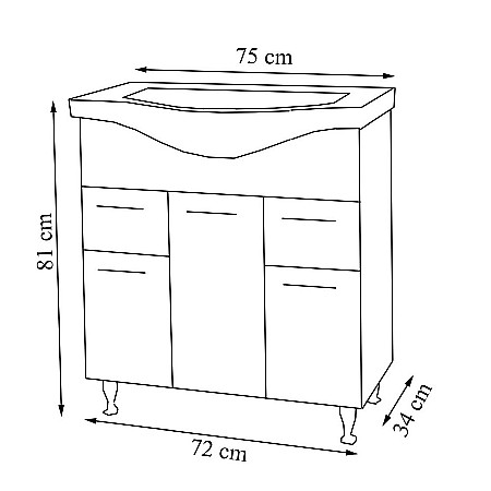 Baza si lavoar ceramic GN1531, mobilier baie stativ 75 cm, front MDF, 2 usi, 3 sertare, balamale soft close, picioare cromate reglabile, alb [3]
