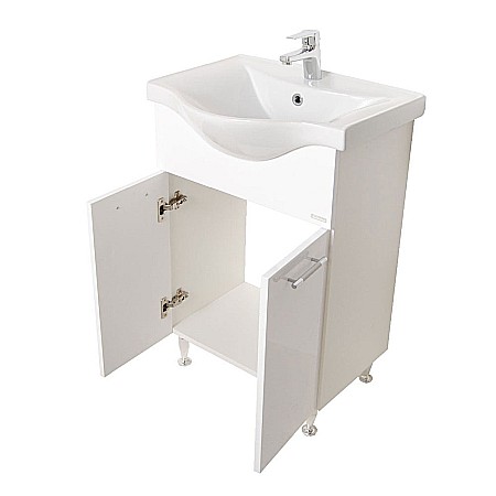 Baza si lavoar ceramic GN1531, mobilier baie stativ 60 cm, front MDF, 2 usi, balamale soft close, picioare cromate reglabile, alb [1]