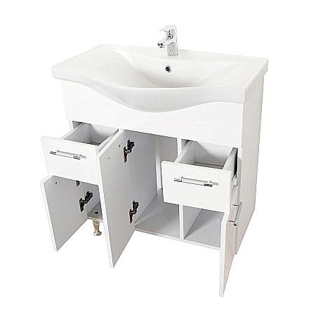 Baza si lavoar ceramic GN1531, mobilier baie stativ 75 cm, front MDF, 2 usi, 3 sertare, balamale soft close, picioare cromate reglabile, alb [2]