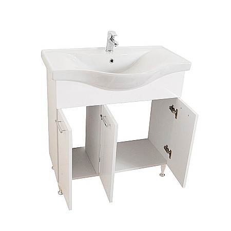 Baza si lavoar ceramic GN1531, mobilier baie stativ 80 cm, front MDF, 3 usi, balamale soft close, picioare cromate reglabile, alb [1]