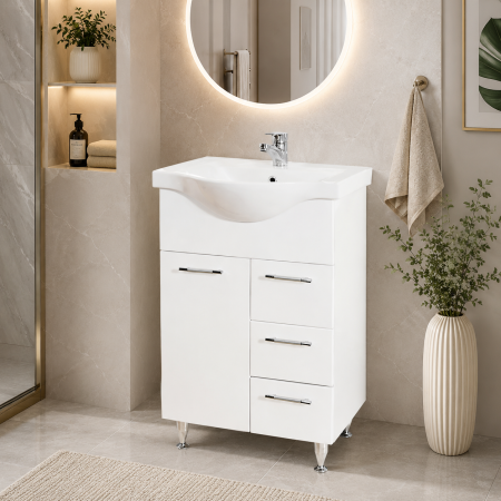 Baze cu lavoar - Baza si lavoar ceramic GN1531, mobilier baie stativ 55 cm, front MDF, 2 usi, 2 sertare, balamale soft close, picioare cromate reglabile, alb