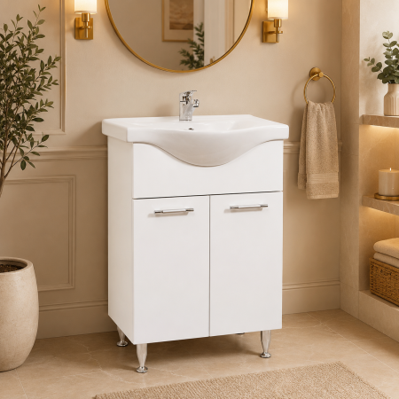 Baza si lavoar ceramic GN1531, mobilier baie stativ 60 cm, front MDF, 2 usi, balamale soft close, picioare cromate reglabile, alb