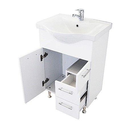 Baza si lavoar ceramic GN1531, mobilier baie stativ 55 cm, front MDF, 2 usi, 2 sertare, balamale soft close, picioare cromate reglabile, alb [1]