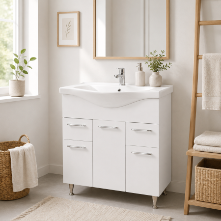 Baze cu lavoar - Baza si lavoar ceramic GN1531, mobilier baie stativ 75 cm, front MDF, 2 usi, 3 sertare, balamale soft close, picioare cromate reglabile, alb