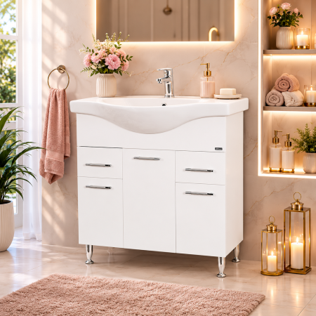 Baze cu lavoar - Baza si lavoar ceramic GN1531, mobilier baie stativ 80 cm, front MDF, 3 usi, 2 sertare, balamale soft close, picioare cromate reglabile, alb