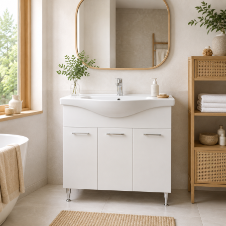 Baze cu lavoar - Baza si lavoar ceramic GN1531, mobilier baie stativ 80 cm, front MDF, 3 usi, balamale soft close, picioare cromate reglabile, alb