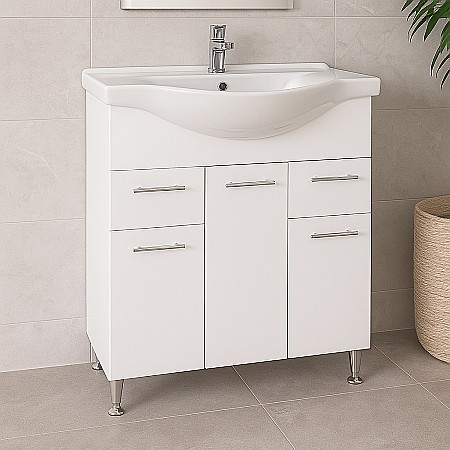 Baza si lavoar ceramic GN1531, mobilier baie stativ 75 cm, front MDF, 2 usi, 3 sertare, balamale soft close, picioare cromate reglabile, alb [1]