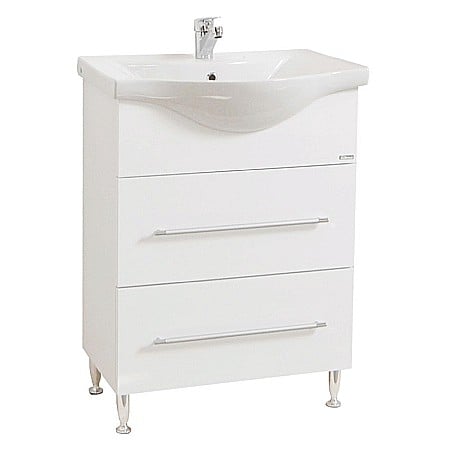 Baza si lavoar ceramic GN1871, mobilier baie stativ 60 cm, front MDF, 1 sertar, 1 usa, picioare cromate reglabile, alb