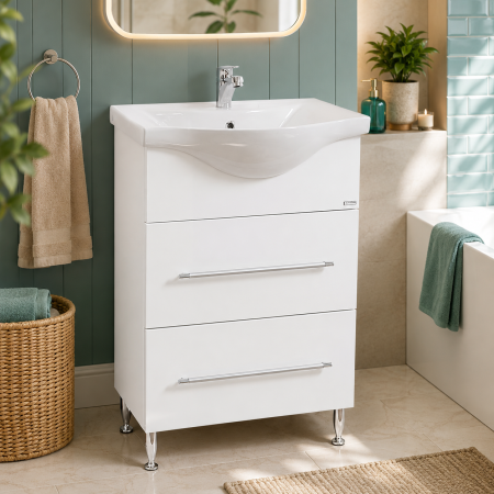 Baza si lavoar ceramic GN1871, mobilier baie stativ 55 cm, front MDF, 1 sertar, 1 usa, picioare cromate reglabile, alb