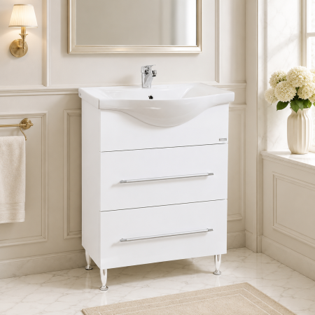 Baza si lavoar ceramic GN1871, mobilier baie stativ 60 cm, front MDF, 1 sertar, 1 usa, picioare cromate reglabile, alb