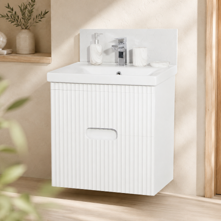 Mobilier baie - Baza si lavoar ceramic GN7091, mobilier baie suspendat 60 cm, dreptunghiular, front MDF, sertare soft close, alb