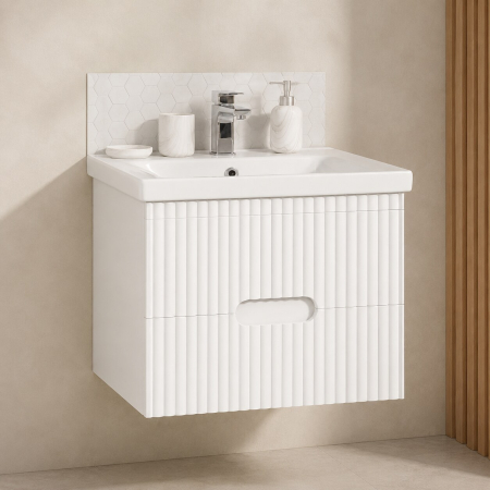 Mobilier baie - Baza si lavoar ceramic GN7091, mobilier baie suspendat 70 cm, dreptunghiular, front MDF riflat, sertare soft close, alb