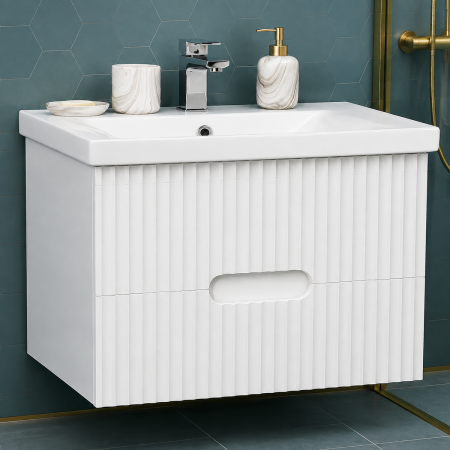 Mobilier baie - Baza si lavoar ceramic GN7091, mobilier baie suspendat 80 cm, dreptunghiular, front MDF riflat, sertare soft close, alb