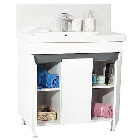 Baza si lavoar ceramic GN7561, mobilier baie stativ 80 cm, circular, front MDF, 3 usi, 2 rafturi, picioare cromate reglabile, alb/antracit [1]