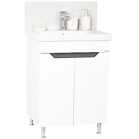 Baza si lavoar ceramic GN7561, mobilier baie stativ 60 cm, circular, front MDF, 2 usi, 1 raft, picioare cromate reglabile, alb/antracit