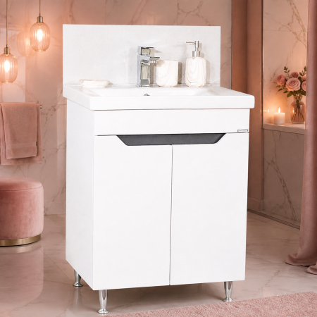 Baza si lavoar ceramic GN7561, mobilier baie stativ 60 cm, front MDF, 2 usi, 1 raft, picioare cromate reglabile, alb/antracit