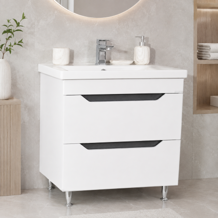Mobilier baie - Baza si lavoar ceramic GN7561, mobilier baie stativ 80 cm, front MDF, 2 sertare, picioare cromate reglabile, alb/antracit