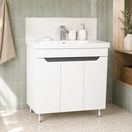 Baza si lavoar ceramic GN7561, mobilier baie stativ 80 cm, front MDF, 3 usi, 2 rafturi, picioare cromate reglabile, alb/antracit