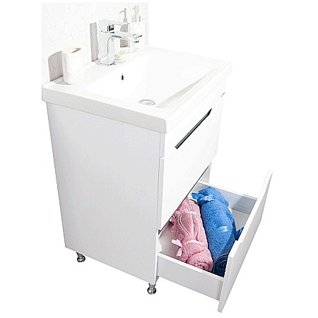 Baza si lavoar ceramic GN7561, mobilier baie stativ 80 cm, circular, front MDF, 2 sertare, picioare cromate reglabile, alb/antracit [2]