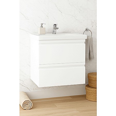 Baze cu lavoar - Baza si lavoar ceramic GN7861, mobilier baie suspendat 60 cm, dreptunghiular, front MDF, sertare soft close, alb