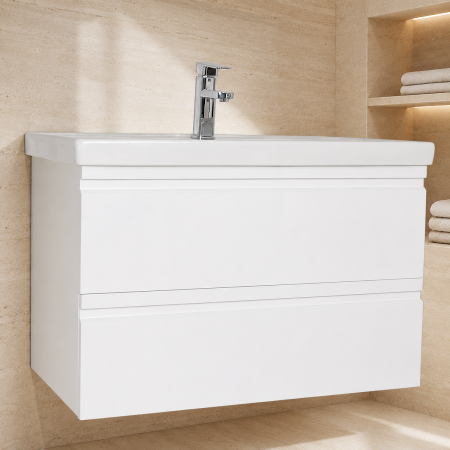 Mobilier baie - Baza si lavoar ceramic GN7861, mobilier baie suspendat 100 cm, dreptunghiular, front MDF, sertare soft close, alb