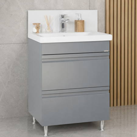 Mobilier baie - Baza si lavoar ceramic GN7861, mobilier baie suspendat 60 cm, dreptunghiular, front MDF, sertare soft close, antracit