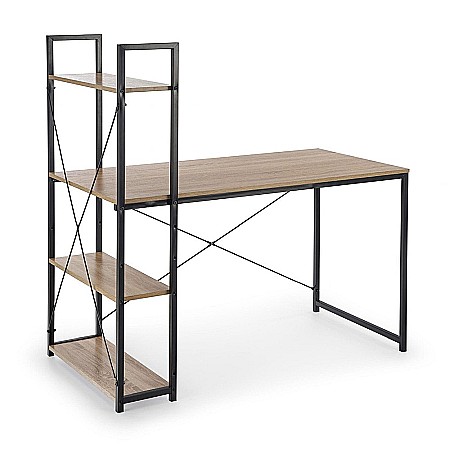 Birou cu rafturi HM Narvik B1, industrial, cadru metalic, PAL melaminat, 120x64x120 cm, stejar sonoma/negru