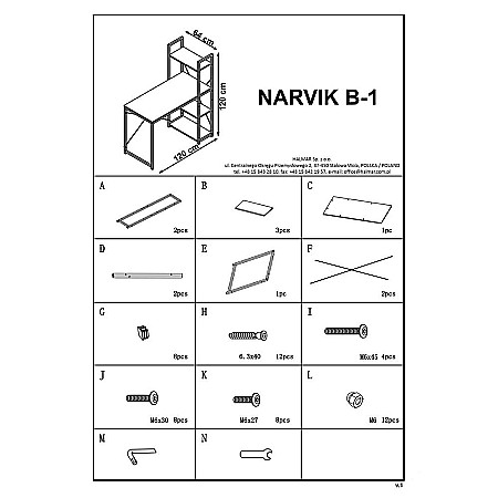 Birou cu rafturi HM Narvik B1, industrial, cadru metalic, PAL melaminat, 120x64x120 cm, stejar sonoma/negru [3]