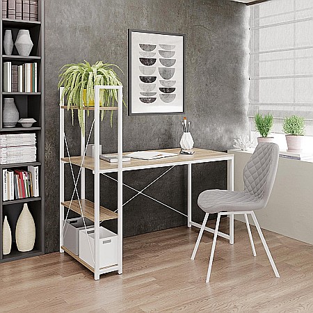 Birou cu rafturi HM Narvik B1, industrial, cadru metalic, PAL melaminat, 120x64x120 cm, stejar sonoma - alb [1]