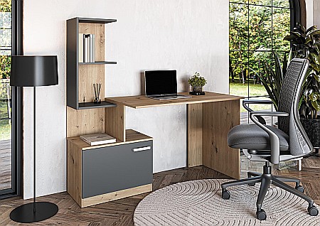 Birouri - Birou cu spatii depozitare HM Miso, blat PAL, cu rafturi, organizator, design modern, antracit/stejar artizanal