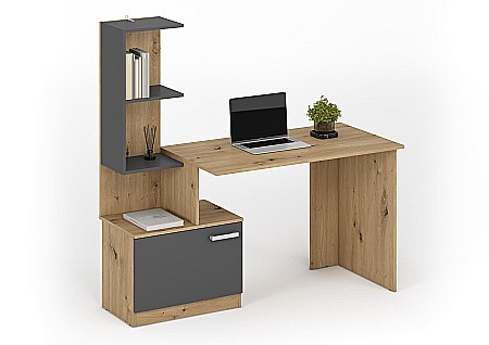 Birou cu spatii depozitare HM Miso, blat PAL, cu rafturi, organizator, design modern, antracit/stejar artizanal [1]