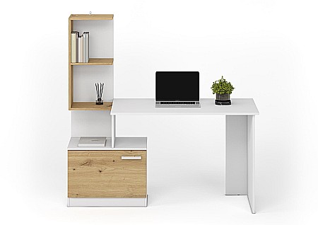 Birou cu spatii depozitare HM Miso, blat PAL, cu rafturi, organizator, design modern, alb/stejar artizanal [2]