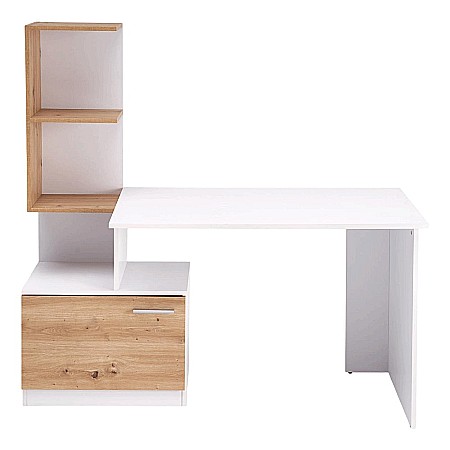Birou cu spatii depozitare HM Miso, blat PAL, cu rafturi, organizator, design modern, alb/stejar artizanal [3]