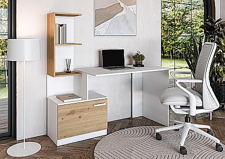 Birou cu spatii depozitare HM Miso, blat PAL, cu rafturi, organizator, design modern, alb/stejar artizanal