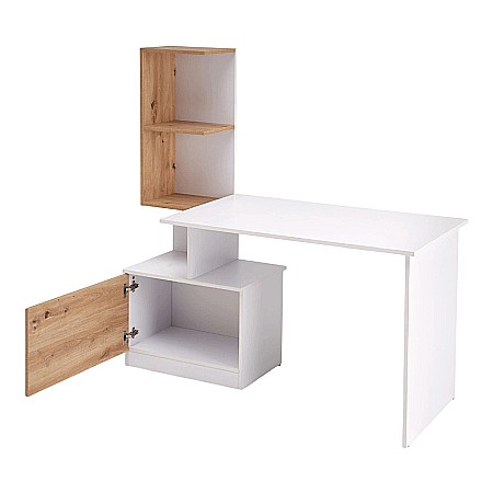 Birou cu spatii depozitare HM Miso, blat PAL, cu rafturi, organizator, design modern, alb/stejar artizanal [4]