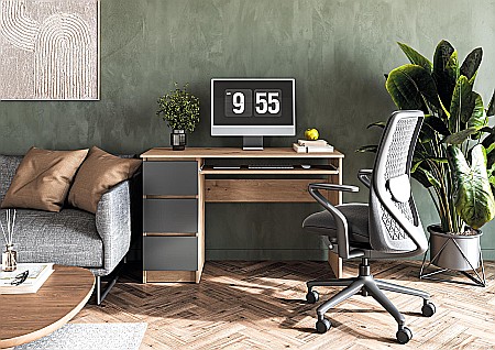 Birou cu suport glisant tastatura HM Cino, blat PAL, sertare, organizare office, design modern, stejar artizanal/antracit