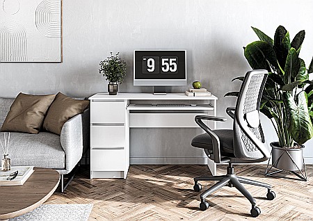 Birou cu suport glisant tastatura HM Cino, blat PAL, sertare, organizare office, design modern, alb