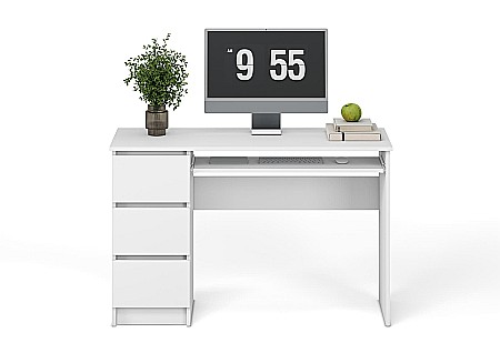 Birou cu suport glisant tastatura HM Cino, blat PAL, sertare, organizare office, design modern, alb [1]