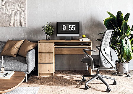 Birou cu suport glisant tastatura HM Cino, blat PAL, sertare, organizare office, design modern, stejar artizanal