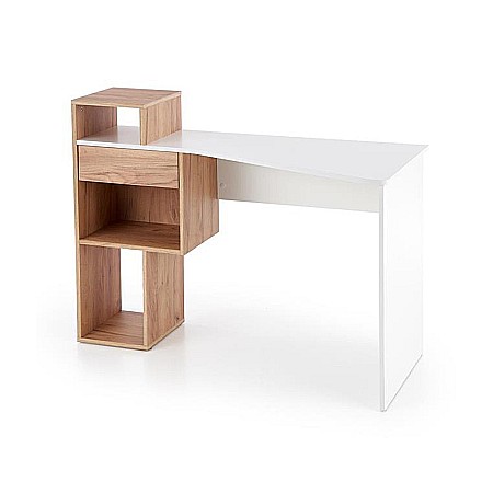 Birou HM Conti, rafturi, sertar, PAL melaminat, 122x57x90 cm, stejar auriu/alb