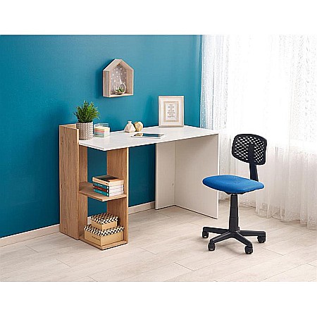 Mobila camera copii - Birou HM Fino, 2 rafturi, PAL melaminat, 122x57x85 cm, stejar auriu/alb