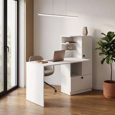 Birouri - Birou HM Hobas cu dulap multifunctional, 2 usi, polite, alb