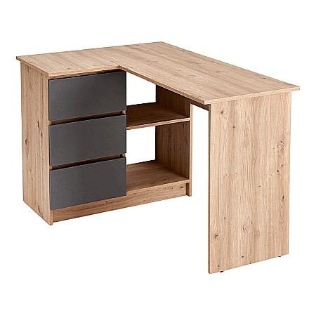 Birou pe colt HM Bega, blat PAL, 3 sertare, 2 rafturi, design modern, stejar artizanal/antracit [1]