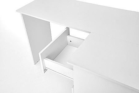 Birou pe colt HM Bega, blat PAL, 3 sertare, 2 rafturi, design modern, alb [8]