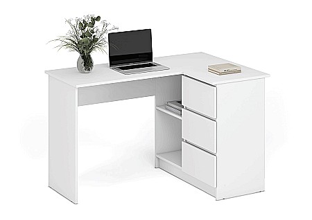 Birou pe colt HM Bega, blat PAL, 3 sertare, 2 rafturi, design modern, alb [1]
