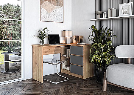 Birou pe colt HM Bega, blat PAL, 3 sertare, 2 rafturi, design modern, stejar artizanal/antracit