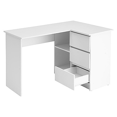 Birou pe colt HM Bega, blat PAL, 3 sertare, 2 rafturi, design modern, alb [6]