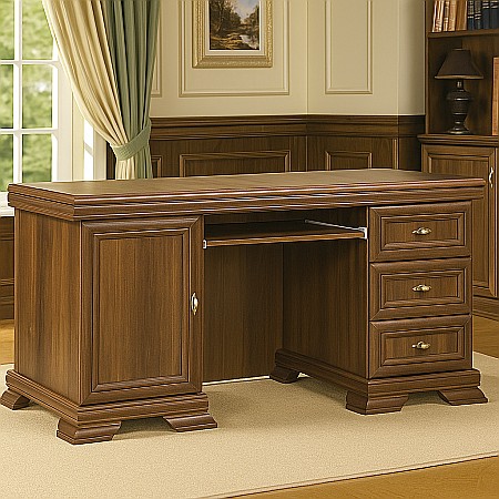 Birou VMB, clasic, 3 sertare, usa, polita tastatura, Pal Melaminat, insertii MDF, Nuc
