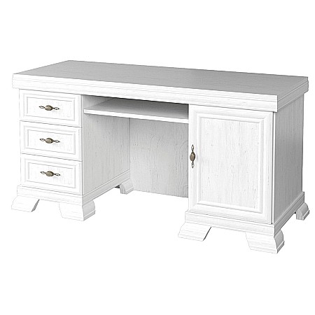Birou VMB, clasic, 3 sertare, usa, polita tastatura, Pal Melaminat, insertii MDF, Alb Antichizat [2]