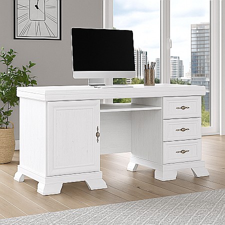 Produse - Birou VMB, clasic, 3 sertare, usa, polita tastatura, Pal Melaminat, insertii MDF, Alb Antichizat